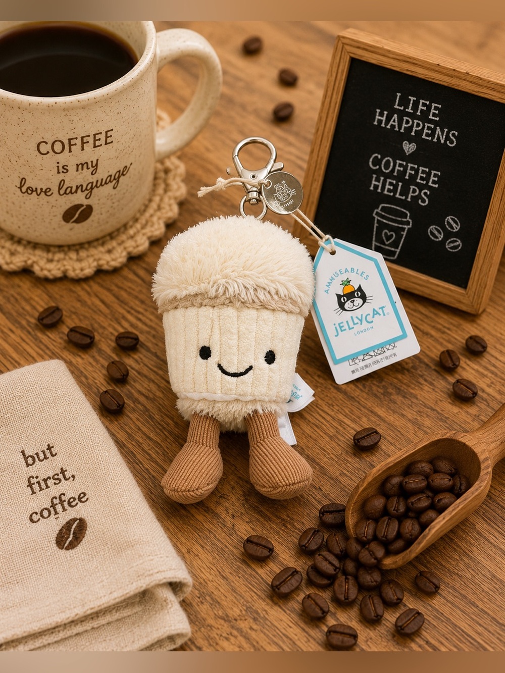 Jellycat Amuseables Coffee-To-Go bag charm keychain NWT